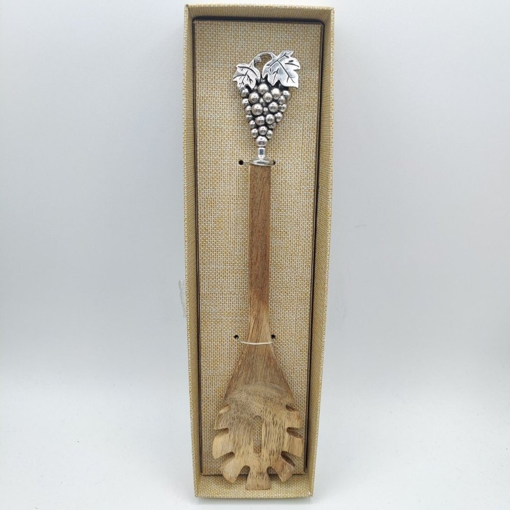 Bamboo Salad Server With Silver Metal Grape Accents